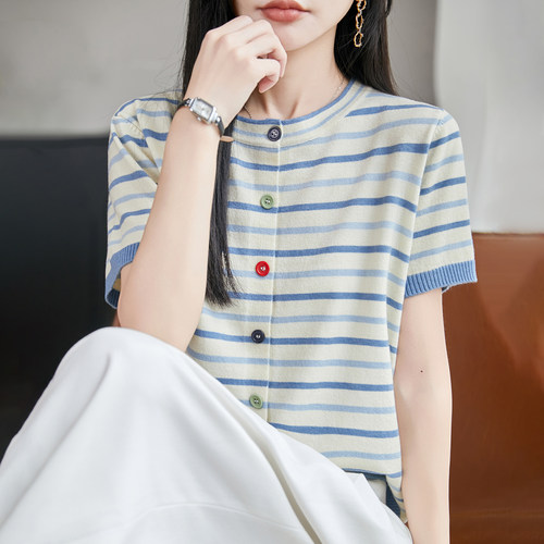 夏季精纺羊毛条纹短袖开衫女T恤