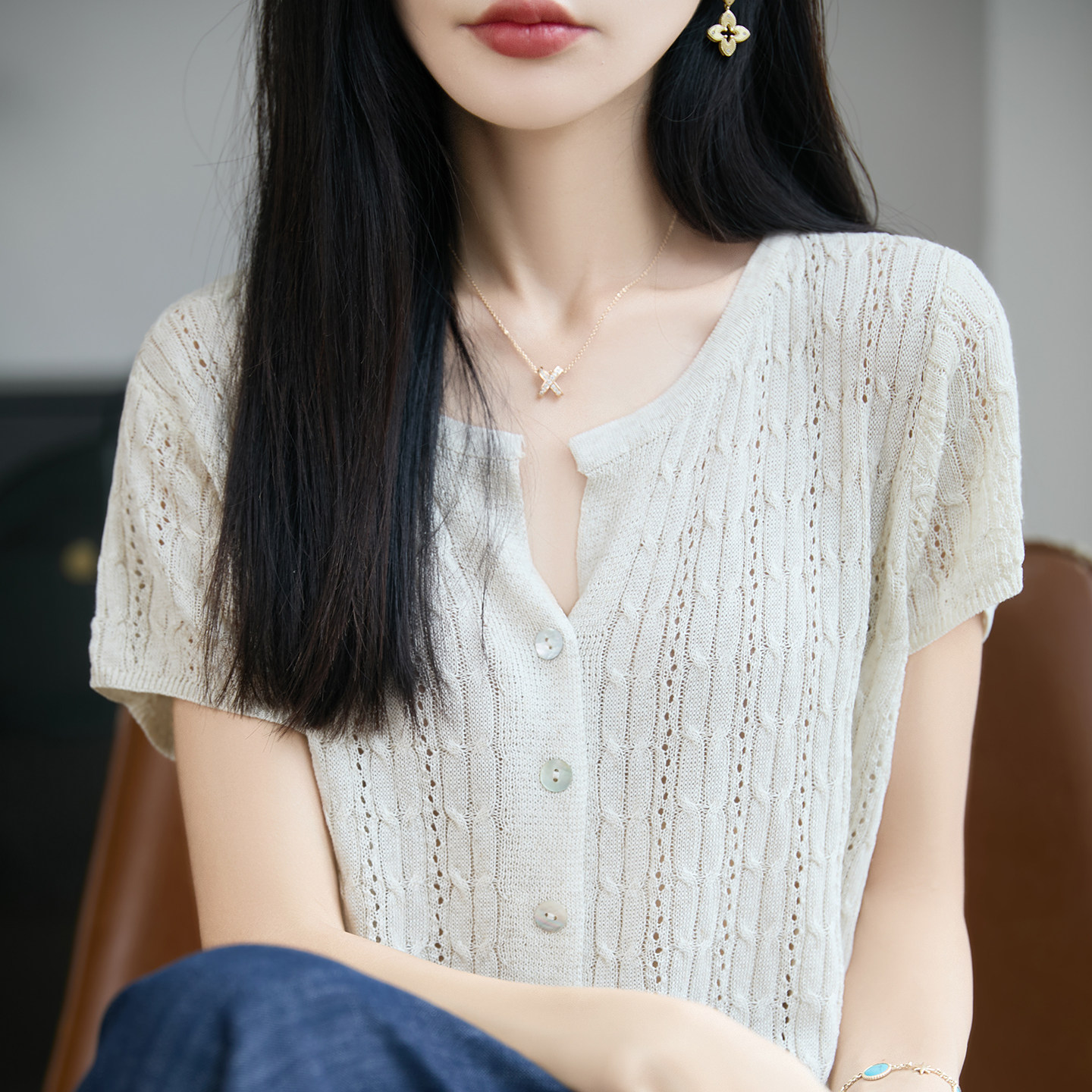 夏季天丝亚麻镂空针织短袖开衫女