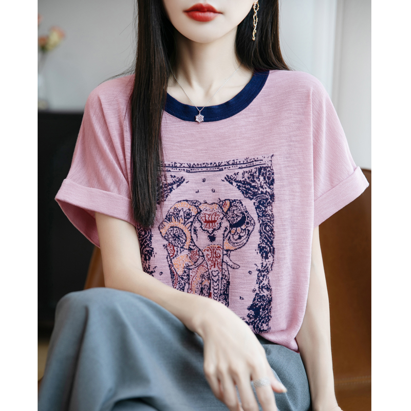 圆领拼色竹节麻针织短袖T恤女大象提花上衣宽松薄款休闲半袖打底