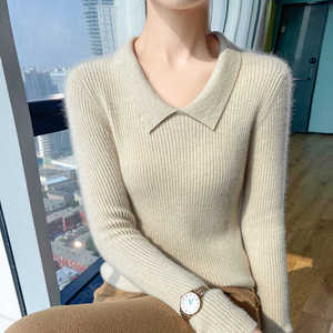 POLO领坑条100%纯羊绒衫女纯色长袖针织衫毛衣修身显瘦羊毛衫打底