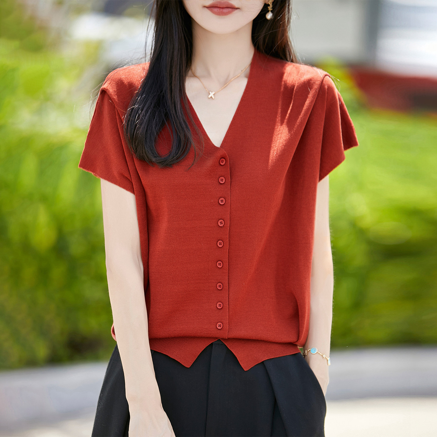 夏季天丝针织V领短袖开衫女背心