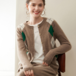 轻奢级圆领拼色山羊绒开衫 外套上衣 女菱形提花针织毛衣宽松羊毛衫