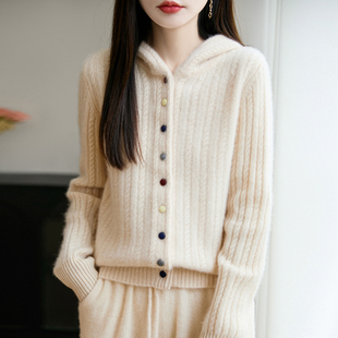 100%纯羊毛衫针织帽衫女加厚扭花彩扣连帽上衣宽松羊绒衫毛外套衣