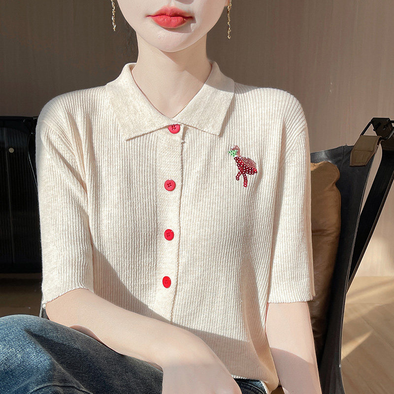 POLO领火烈鸟亮片五分袖女拼色精纺羊毛针织半袖开衫短袖T恤上衣,女装/女士精品,T恤,淘宝优惠券,粉丝福利购,淘宝优惠卷