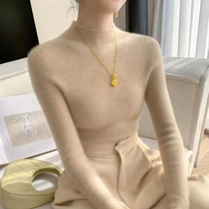 100%纯山羊绒衫女一线成衣半高领坑条针织毛衣修身显瘦打底上衣