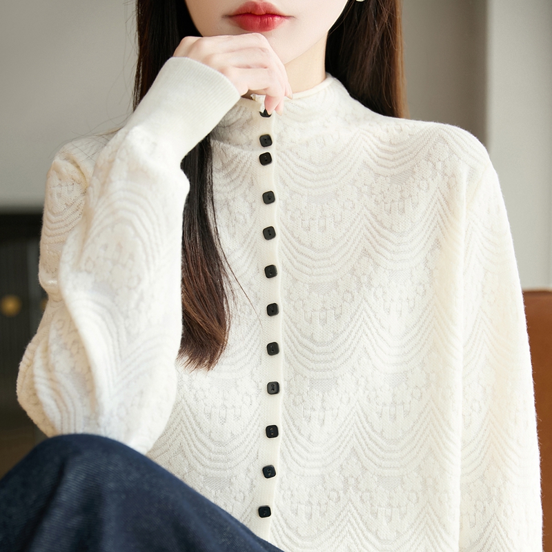 卷边半高领加厚精纺羊毛针织外套