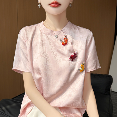 新中式立领真丝盘扣提花短袖T恤