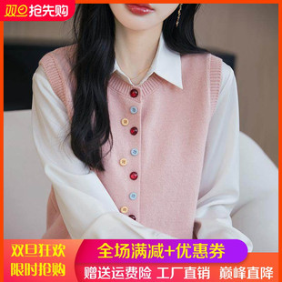25春秋精纺羊毛马甲开衫女圆领彩扣针织毛衣宽松叠穿坎肩背心上衣
