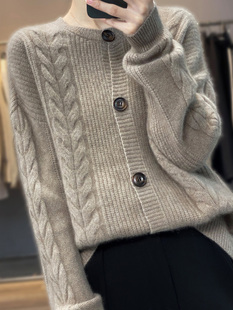 秋冬新款100%羊绒衫女圆领麻花开衫外搭毛衣宽松长袖羊毛针织外套