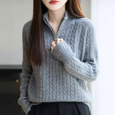 半高领拉链100%纯羊毛衫女打底衫