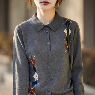 春秋新款菱形拼色精纺羊毛开衫女POLO领针织长袖毛衣宽松休闲外套