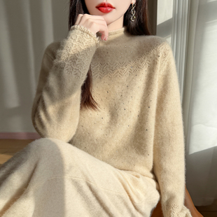 重工镶钻100%纯羊毛衫女卷边半高领镂空钩花加厚毛衣宽松羊绒打底