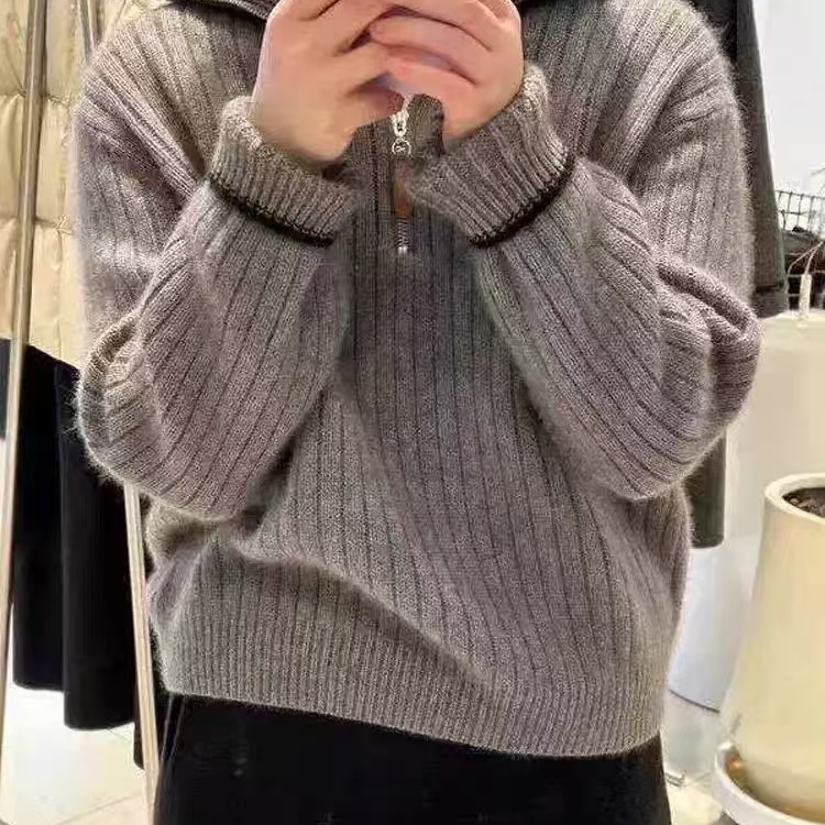 加厚半开领拉链坑条100%纯羊毛衫