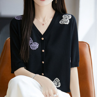 100莱赛尔天丝针织短袖开衫女V领蝴蝶拼色五分袖上衣宽松半袖打底