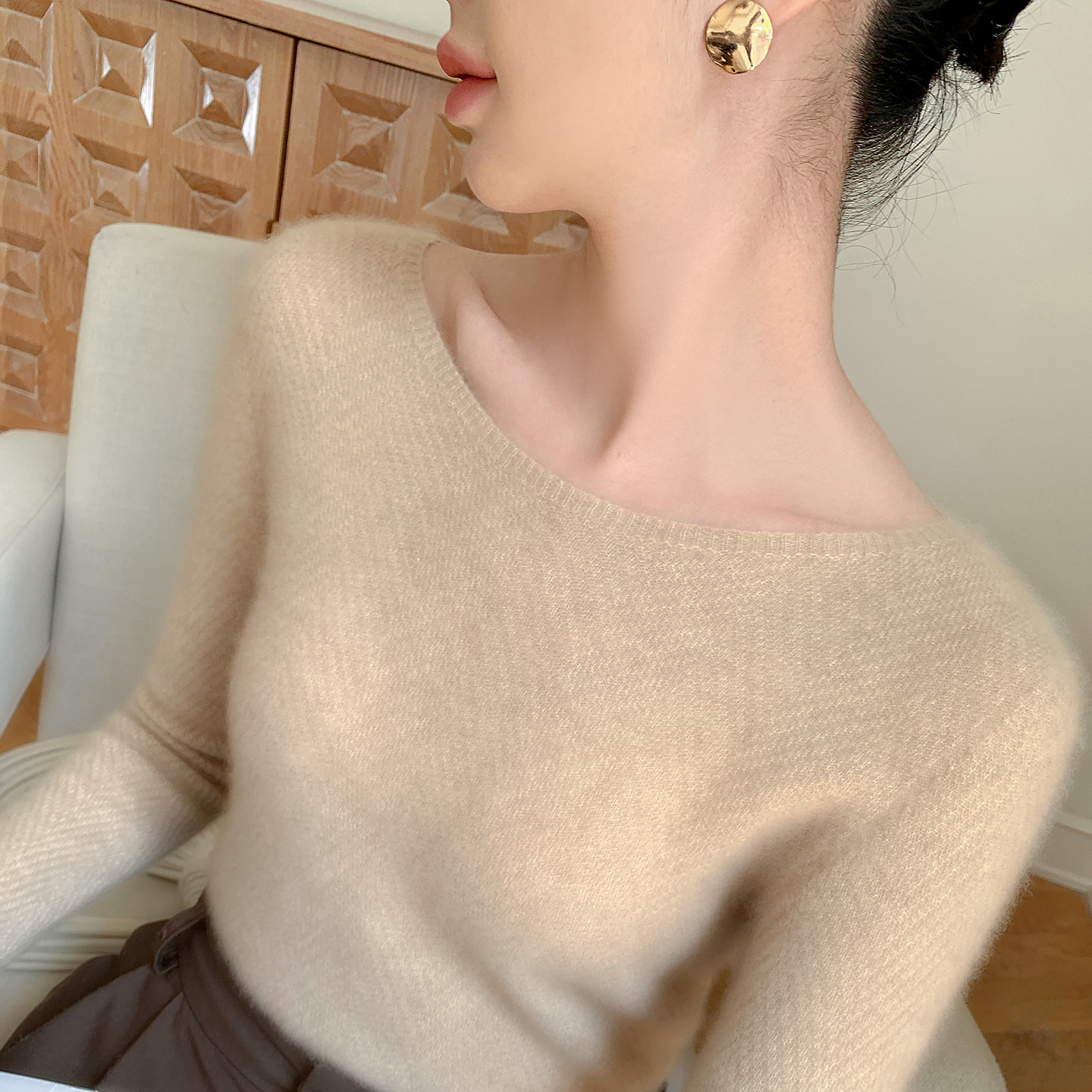 一字领山羊绒衫针织毛衣女羊毛衫