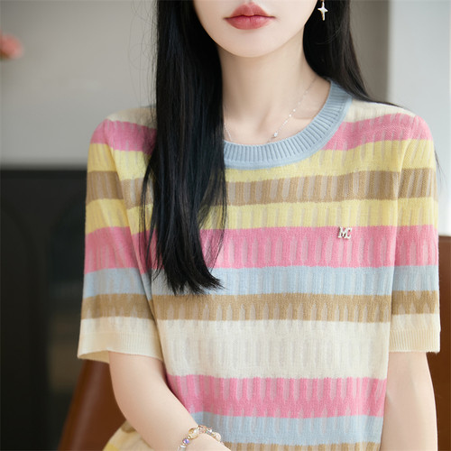 夏季精纺羊毛女条纹圆领短袖T恤