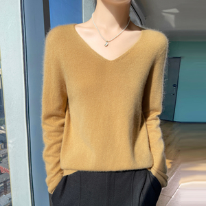 秋冬一线成衣100%纯羊绒衫女V领长袖针织毛衣宽松羊毛衫打底上衣