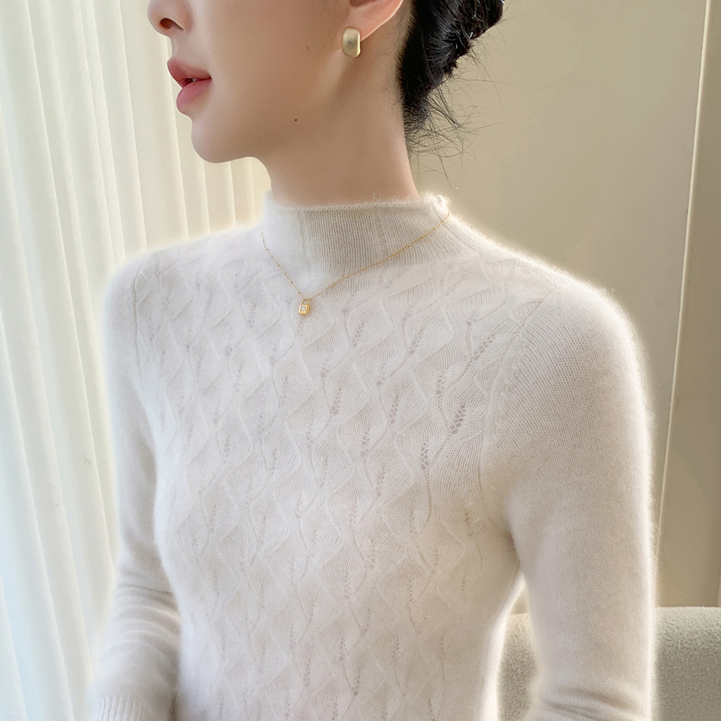 肌触感加厚山羊绒衫女卷边半高领镂空提花针织毛衣宽松羊毛衫打底