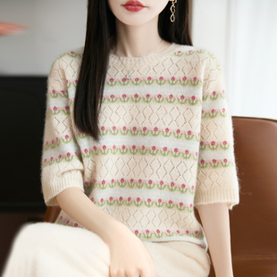 半袖 100%羊毛衫 宽松羊绒衫 女圆领镂空拼色提花短袖 打底 针织五分袖