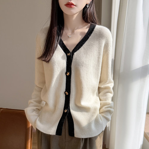 小香风拼色精纺羊毛开衫外套毛衣