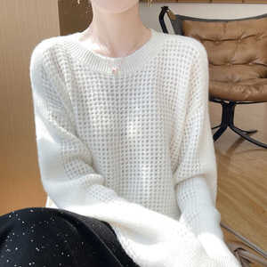 24秋冬圆领镂空100%纯羊绒衫女宽松慵懒风毛衣针织打底羊毛衫上衣