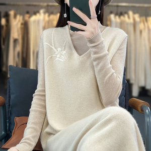 100%羊绒马甲女士V领刺绣中长款无袖背心毛衣宽松针织羊毛连衣裙