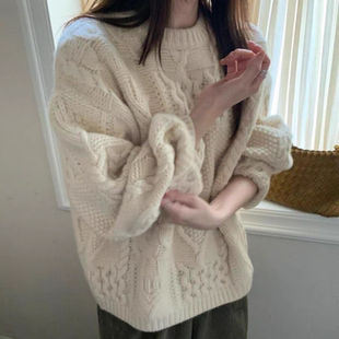 重磅加厚宽松慵懒风100%纯羊毛衫女圆领绞花针织毛衣长袖羊绒打底