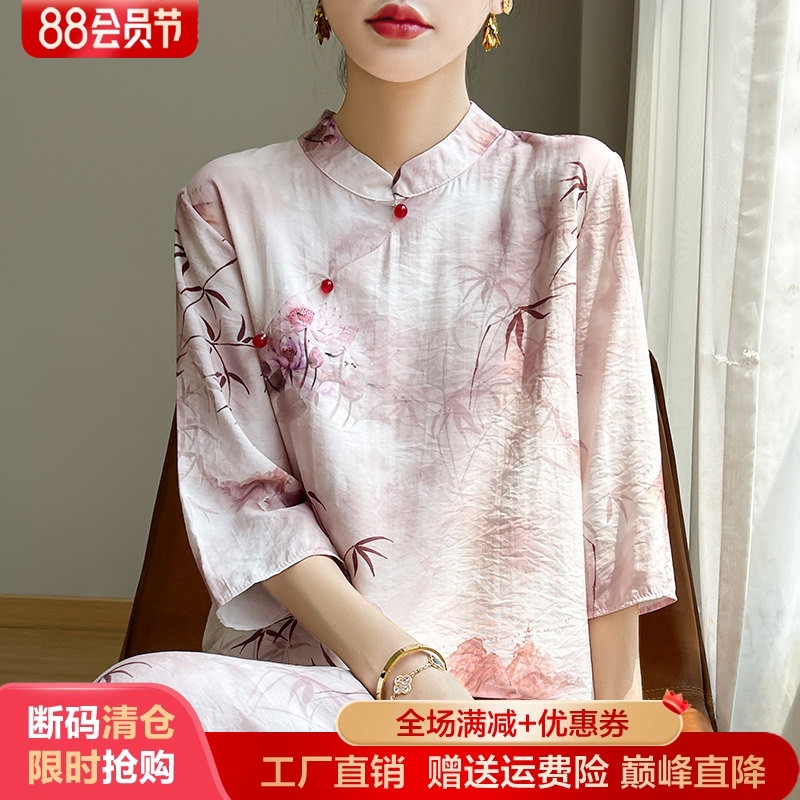 国风新中式缎面真丝短袖女连衣裙