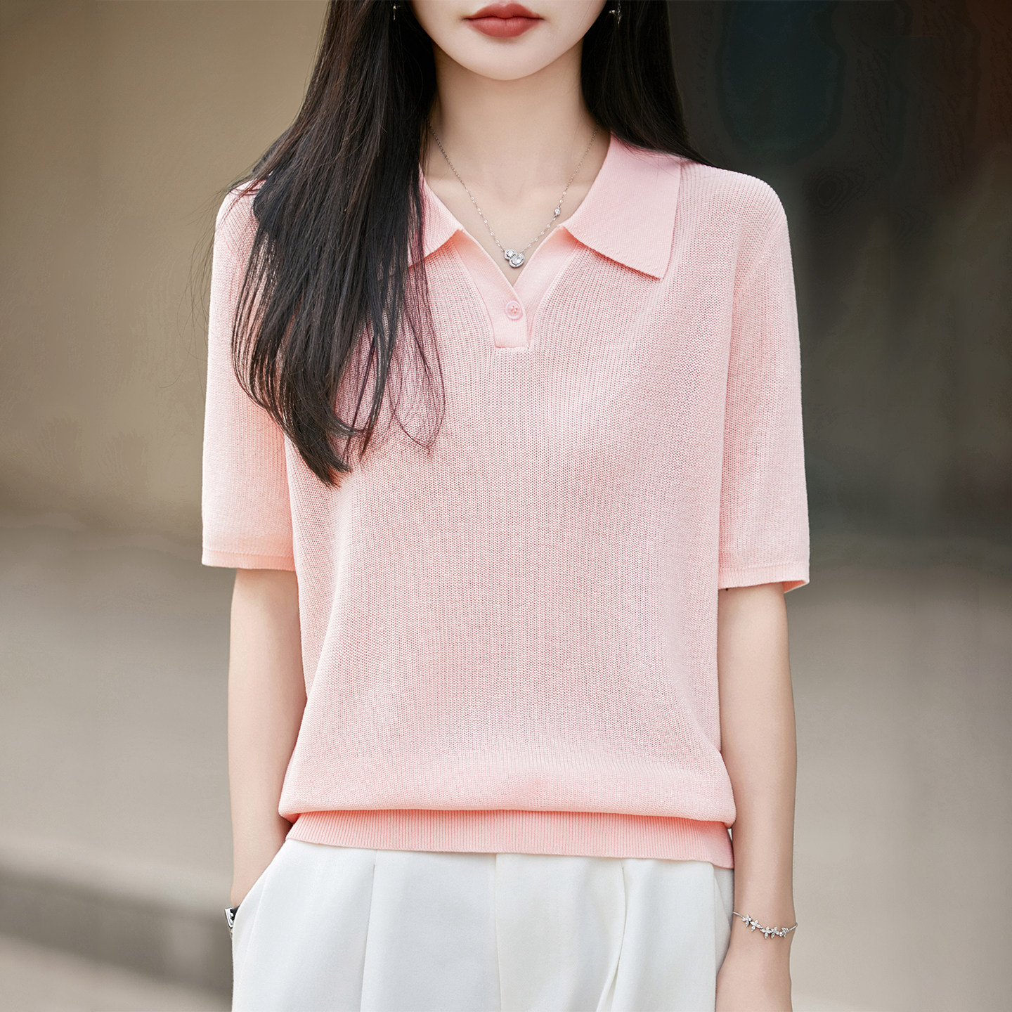夏季天丝亚麻女POLO领短袖T恤衫