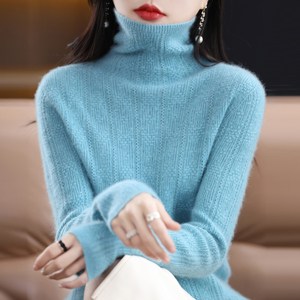 高领扭花100%羊绒衫女新款堆堆领羊毛针织宽松显瘦毛衣套头打底衫