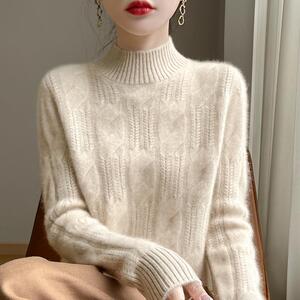 24秋冬半高领扭花加厚100%纯羊绒衫女长袖针织毛衣宽松羊毛衫打底
