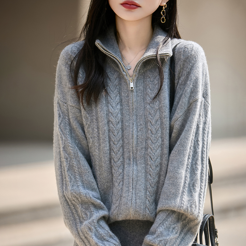 100%纯羊毛双拉链针织开衫女外套