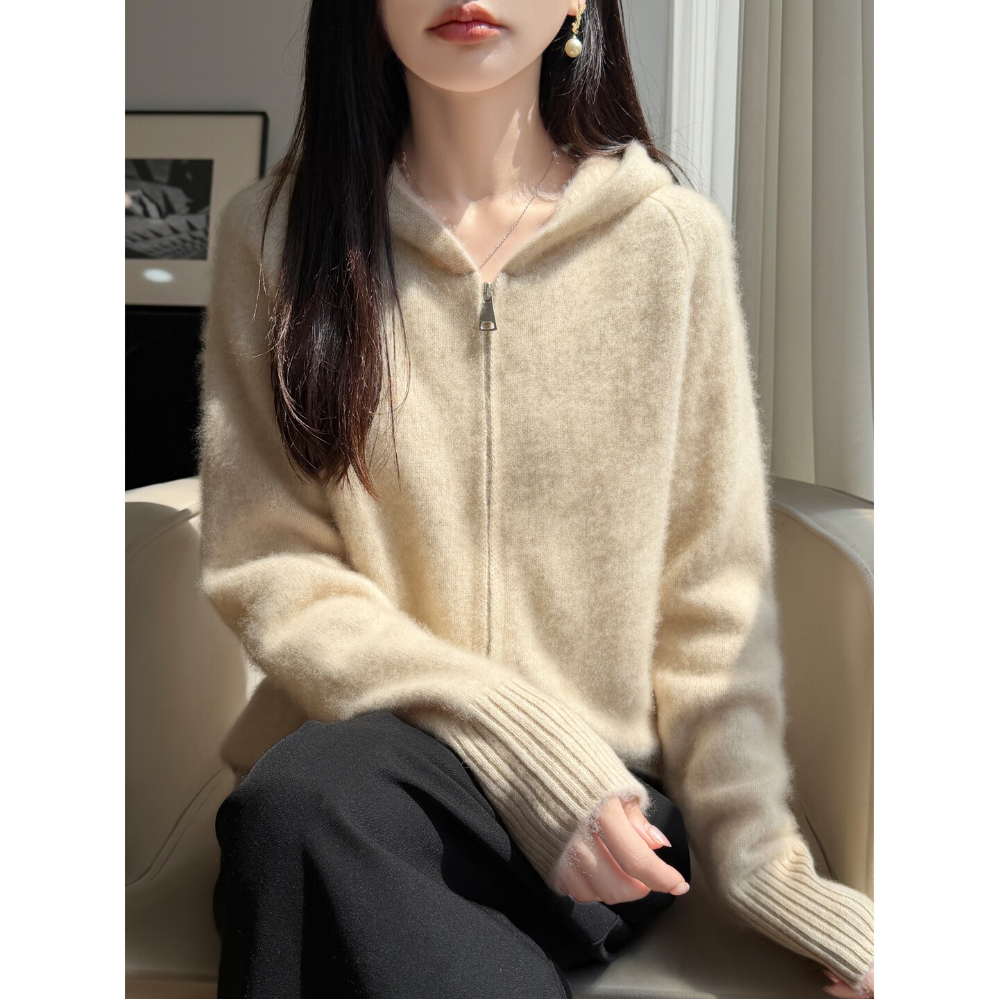 纯羊毛加厚连帽双拉链女开衫外套