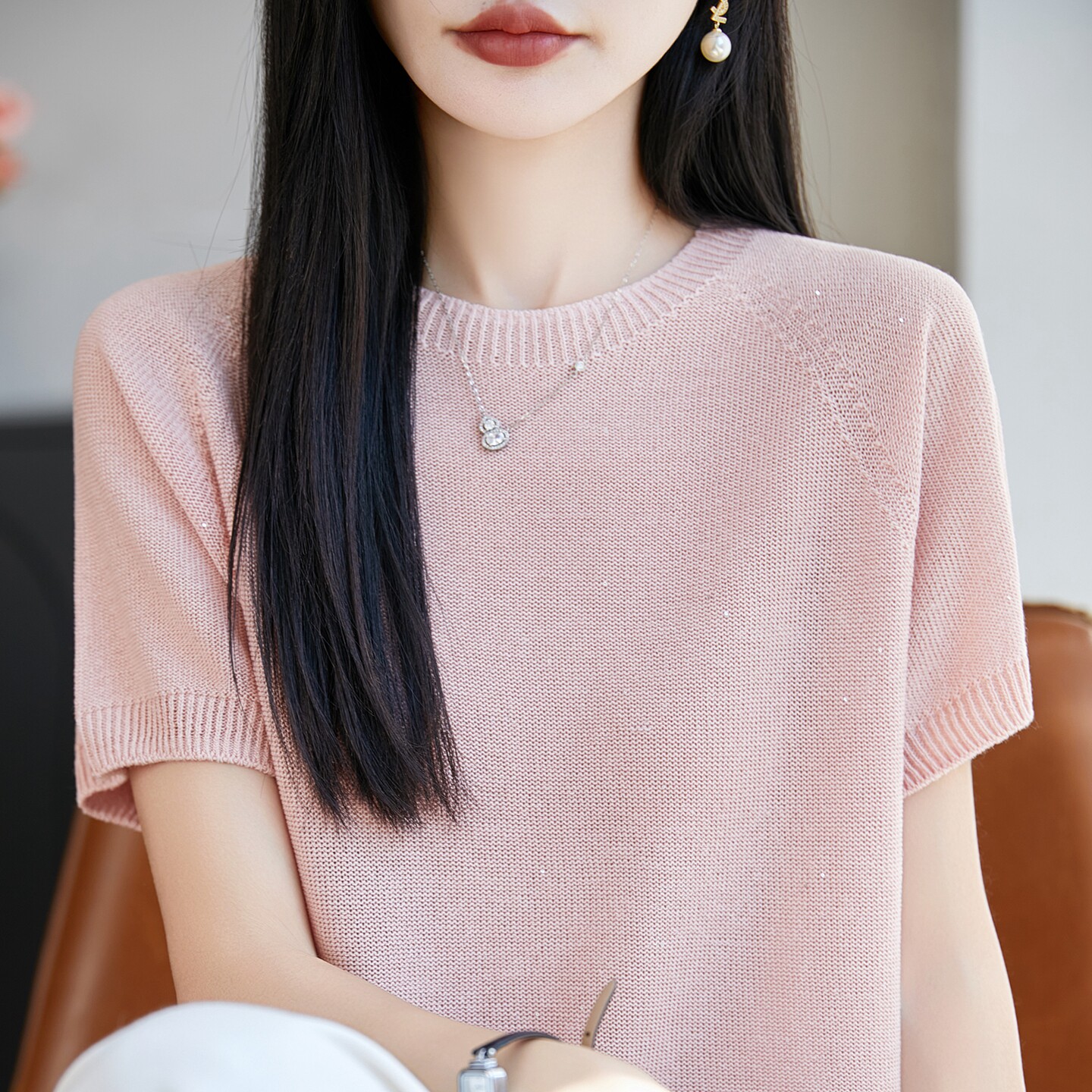 夏季一线成衣亚麻针织短袖T恤女圆领纯色亮片背心宽松半袖打底衫