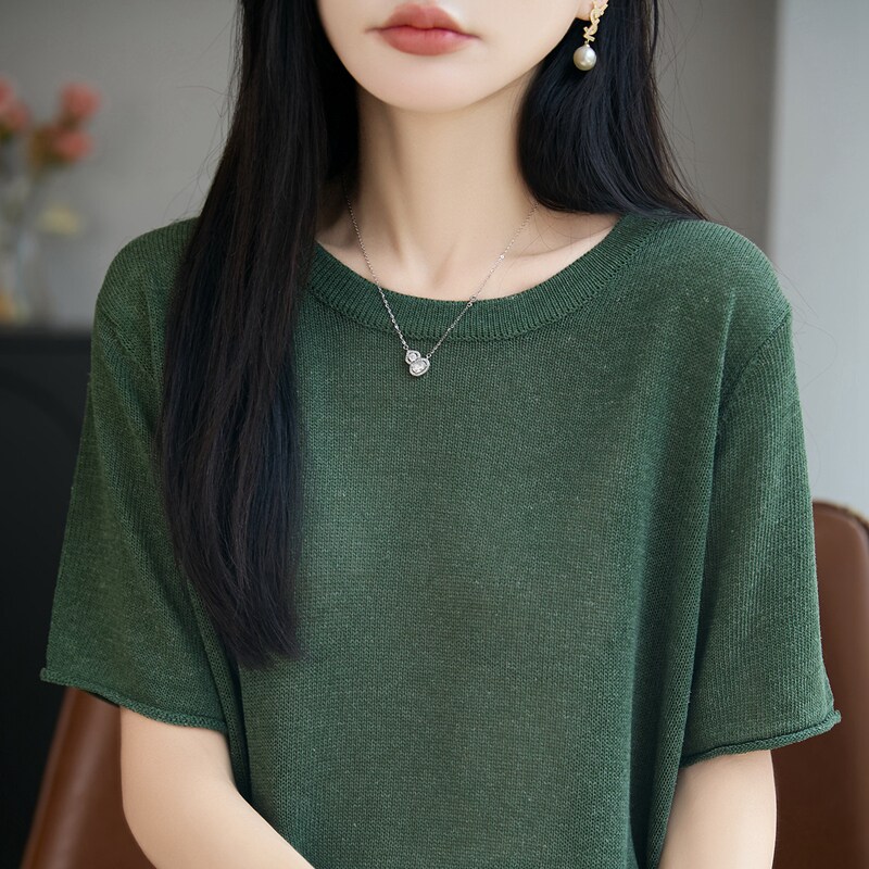 夏季天丝亚麻针织纯色短袖T恤女