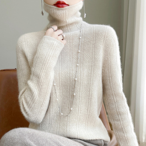 一线成衣100%纯羊绒衫女堆堆高领长袖镂空提花宽松针织羊毛衫上衣
