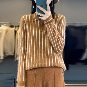 秋冬新款100%纯羊绒开衫女POLO领拼色针织长袖毛衣宽松羊毛衫外套