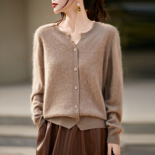 100%纯羊毛衫针织开衫女半开圆领拉绒长袖毛衣宽松羊绒衫外套上衣