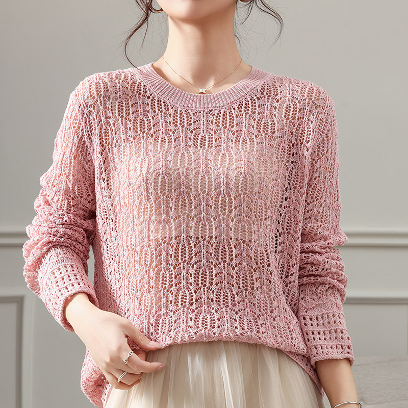 慵懒风镂空莱赛尔天丝针织衫女圆领亚麻毛衣宽松显瘦薄款外搭上衣