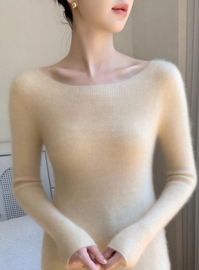 一字领baby小山羊绒衫女无缝一线成衣针织毛衣显瘦打底羊毛衫上衣