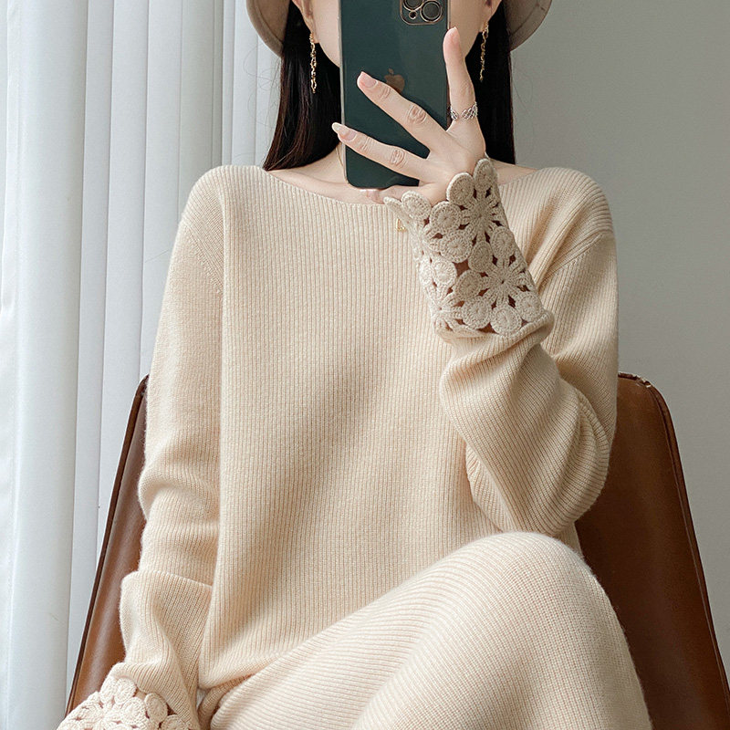 100%纯羊毛衫半身裙两件套女一字领手工镂空钩花毛衣气质显瘦套装