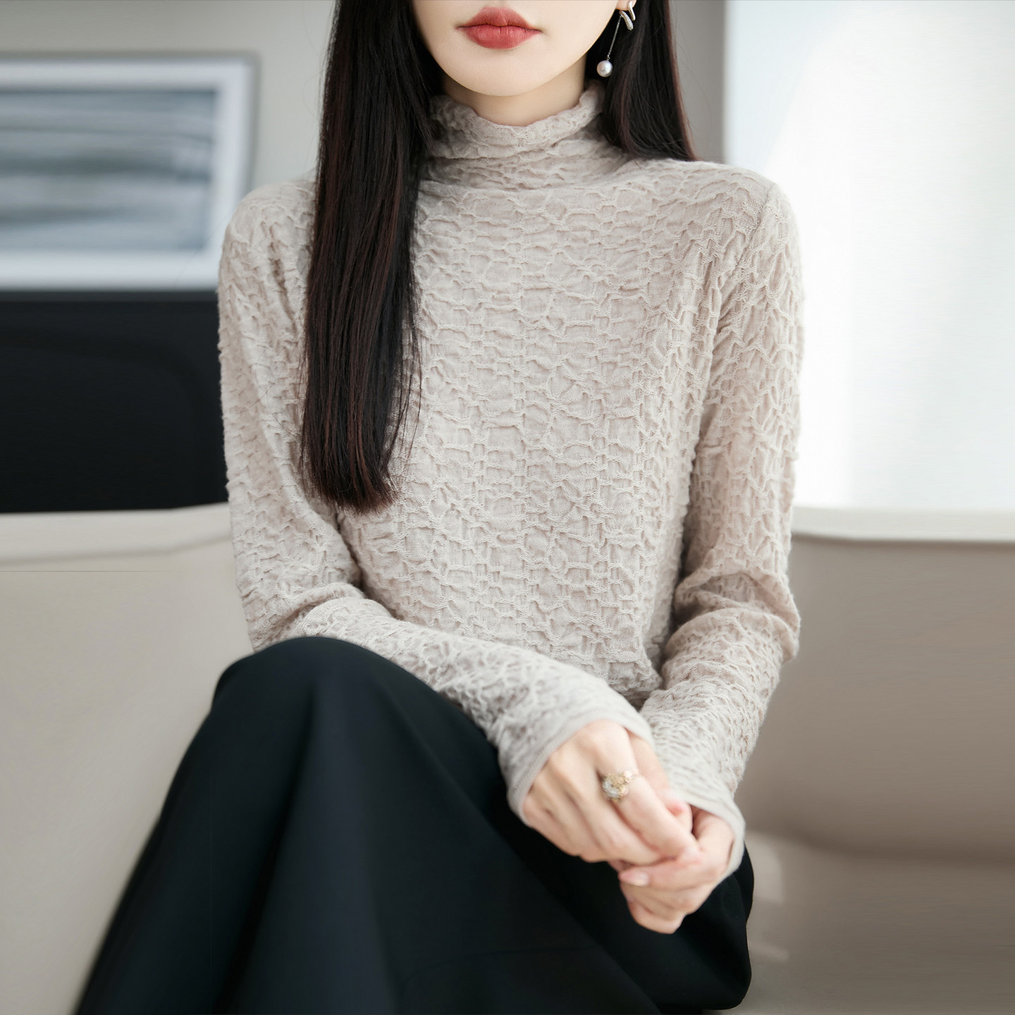100%羊毛堆堆高领提花女毛衣打底