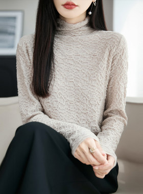 100%羊毛堆堆高领提花女毛衣打底