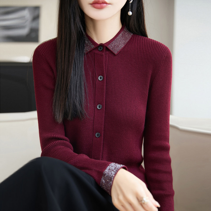 秋冬镶钻精纺羊毛开衫女外套毛衣