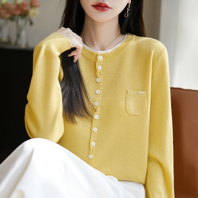 春秋款拼色精纺羊毛开衫女圆领长袖排扣针织毛衣宽松带兜外套上衣