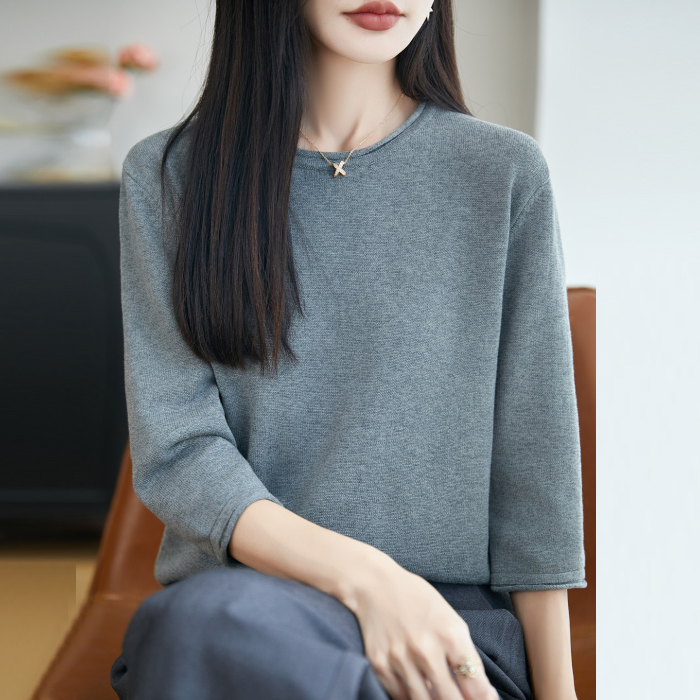 纯棉针织七分袖圆领宽松短袖背心