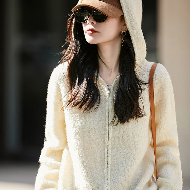 重磅加厚100%纯羊毛开衫女连帽圈圈毛拉链针织毛衣宽松羊绒衫帽衫