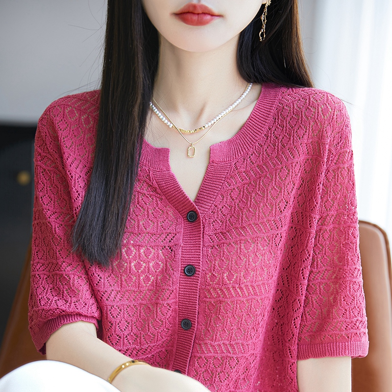 100%莱赛尔天丝针织短袖开衫女半开领镂空五分袖上衣宽松半袖打底