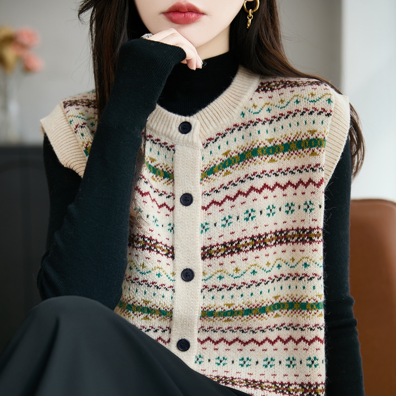 秋冬圆领精纺羊毛衫马甲开衫女复古拼色无袖毛衣背心宽松叠穿坎肩