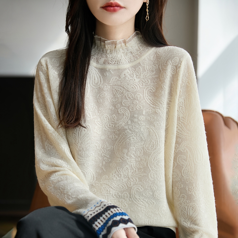 春秋精纺羊毛衫针织毛衣女半高领拼色提花上衣宽松蕾丝花边打底衫